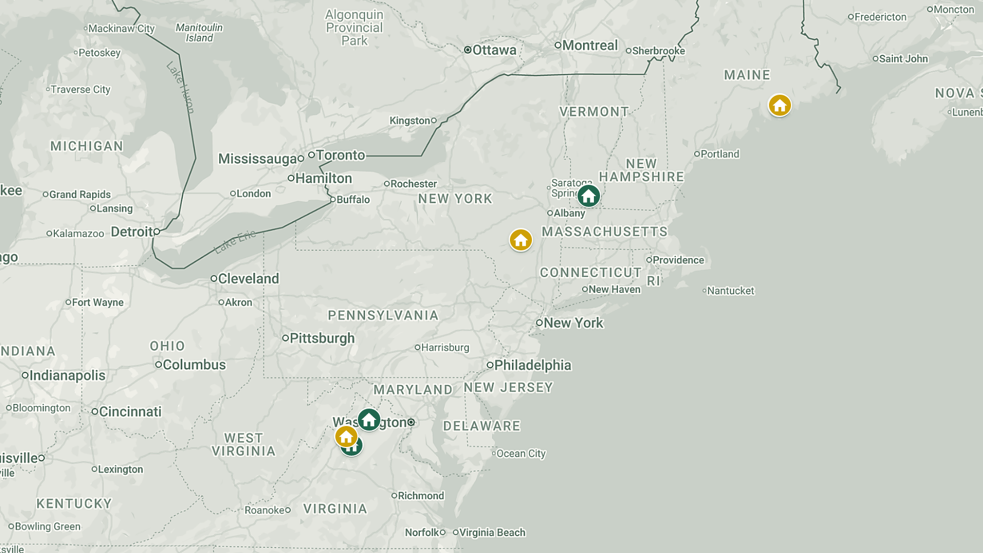 Map showing planned yurt locations across the United States
