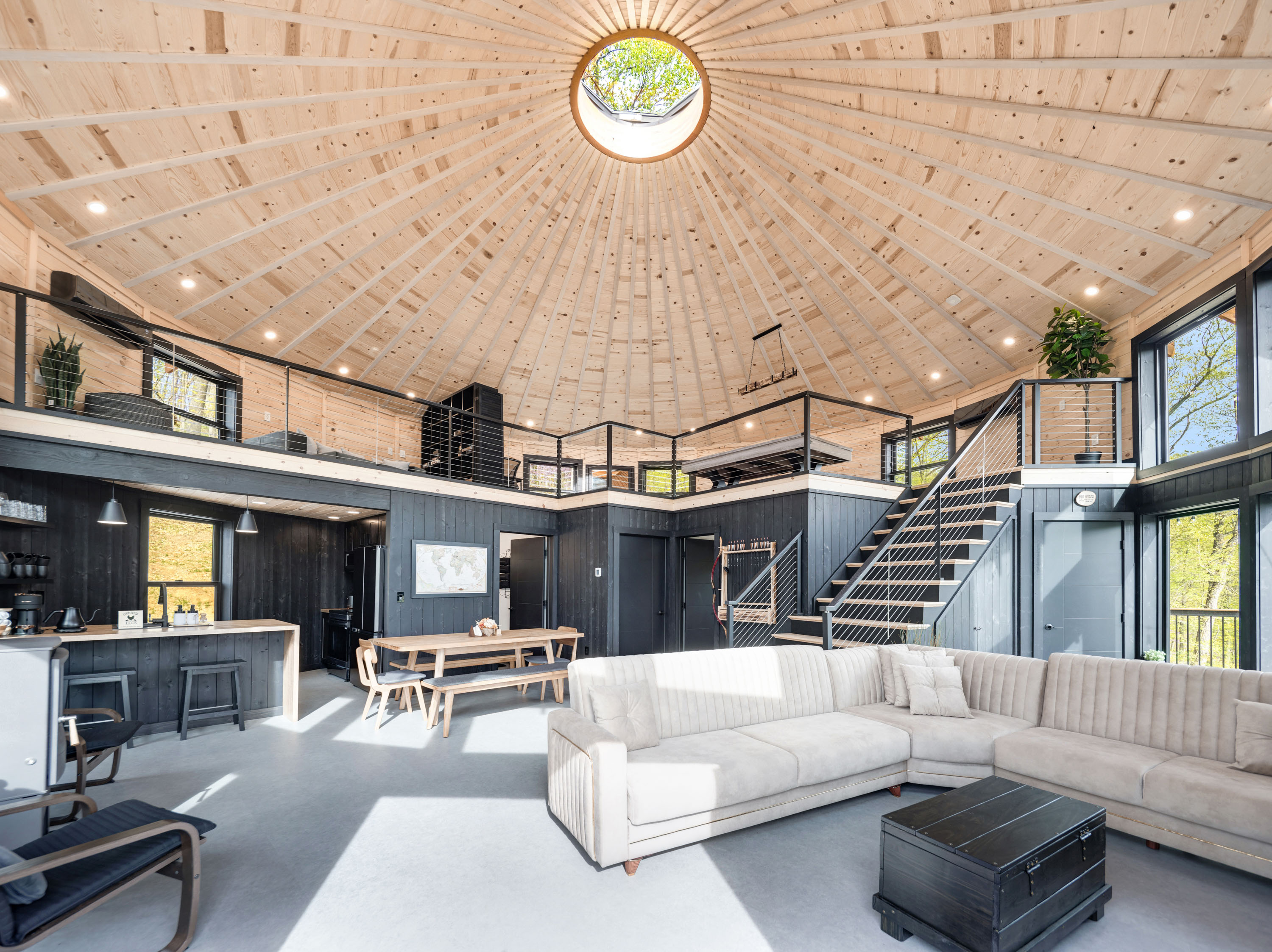 <span  class="uc_style_uc_tiles_grid_image_elementor_uc_items_attribute_title" style="color:#ffffff;">Panoramic Photo, Living Room, Kitchen, Wood Stove, Dining Table, Sofa, Lounge Chairs, Loft, Yurt Ceiling, Pool Table, Modern Black-Yellow Interior - Skyline Yurt</span>